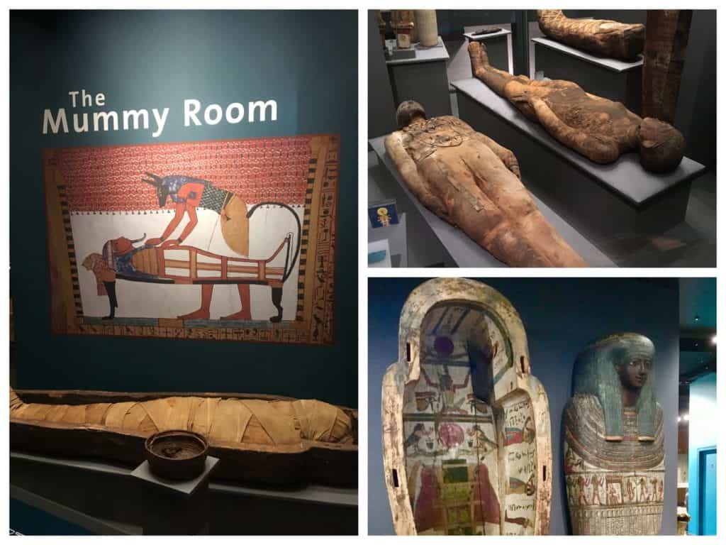 Egyptian mummies and coffins in the Mummy Room at the World Museum