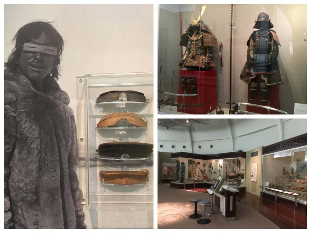 Displays of Arctic snow goggles and Samurai armour in the World Cultures Gallery at the World Museum, Liverpool
