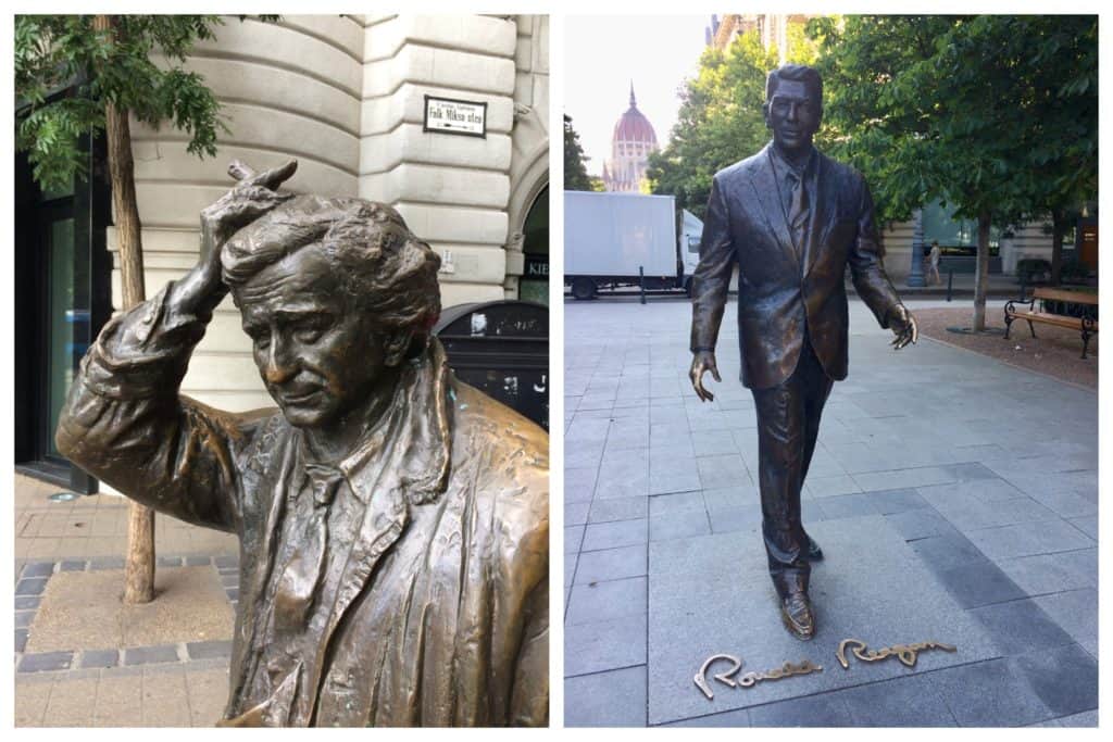 Bronze statues of actor Peter Falk (as Columbo) and actor and former US president, Ronald Reagan in Budapest